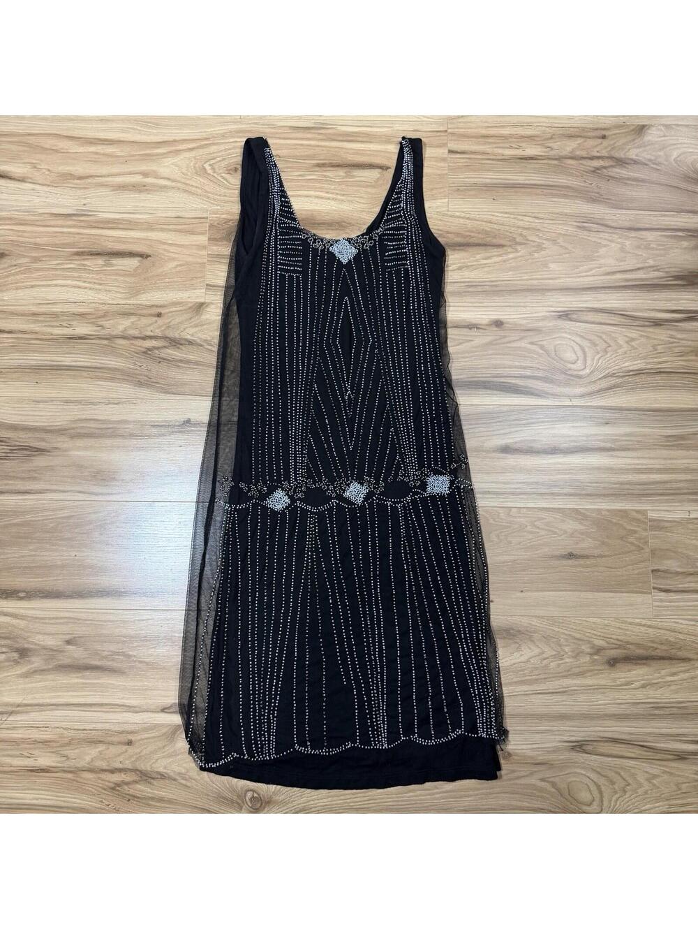 H&M Black Beaded Rhinestone Mesh Overlay Midi Dress XS Art Deco Party